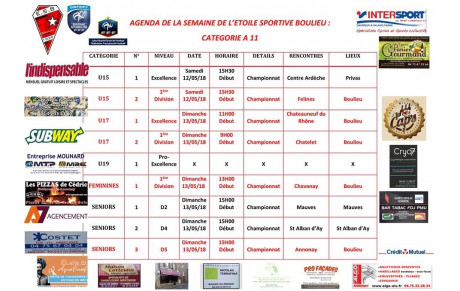 AGENDA DE LA SEMAINE DE L’ETOILE SPORTIVE BOULIEU : CATEGORIE A 11