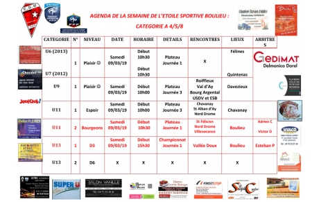 AGENDA DE LA SEMAINE DE L’ETOILE SPORTIVE BOULIEU : CATEGORIE A 4/5/8