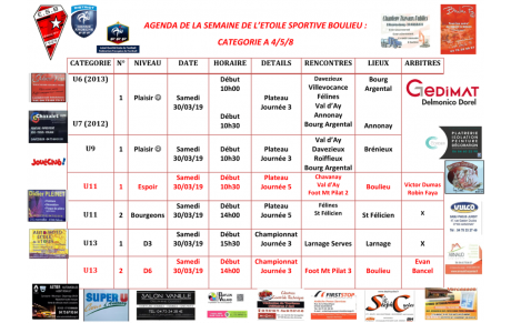 AGENDA DE LA SEMAINE DE L’ETOILE SPORTIVE BOULIEU : CATÉGORIE A 4/5/8