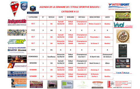 AGENDA DE LA SEMAINE DE L’ETOILE SPORTIVE BOULIEU : CATEGORIE A 11