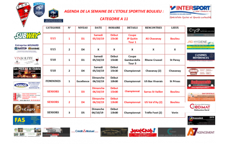 AGENDA DE LA SEMAINE DE L’ETOILE SPORTIVE BOULIEU : CATEGORIE A 11